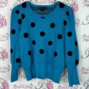Elena wang sweater polka dots puff sleeve Chic Blue Sweater with Black Dots